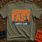 Jackrabbit Fast Camp Slow - T-Shirt in Moss - A typographic design featuring the large orange distressed text "JACKRABBIT...