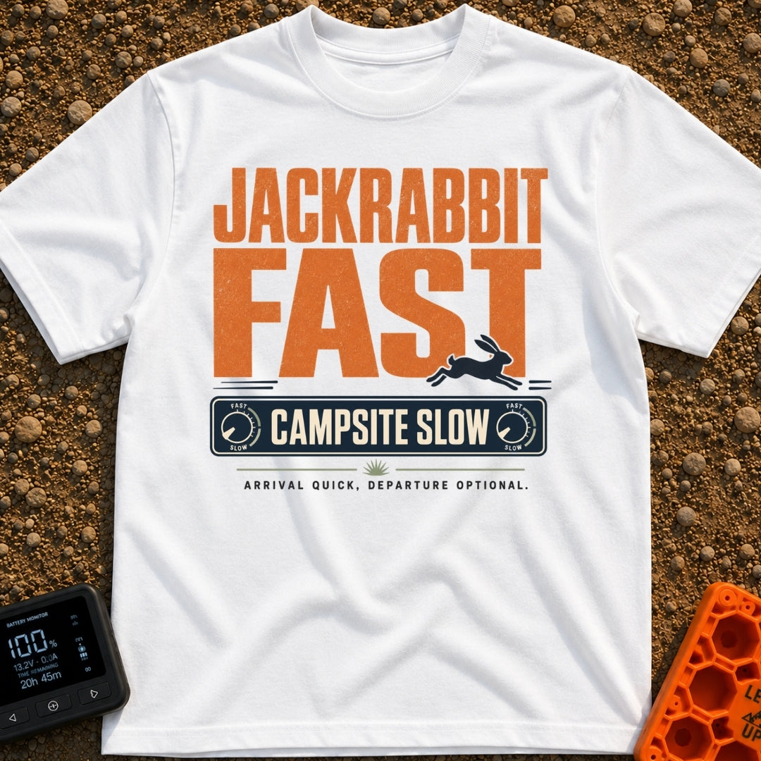 Jackrabbit Fast Camp Slow - T-Shirt in White - A typographic design featuring the large orange distressed text...