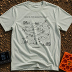 Just Five More Minutes - T-Shirt in Bay - A black-and-white line drawing of a meandering dotted trail map starting from a...