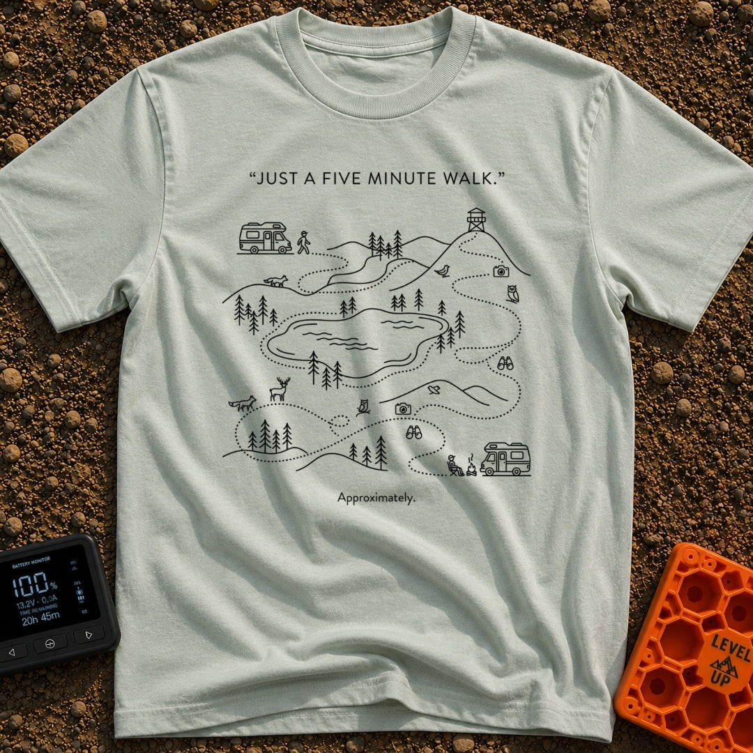 Just Five More Minutes - T-Shirt in Bay - A black-and-white line drawing of a meandering dotted trail map starting from a...