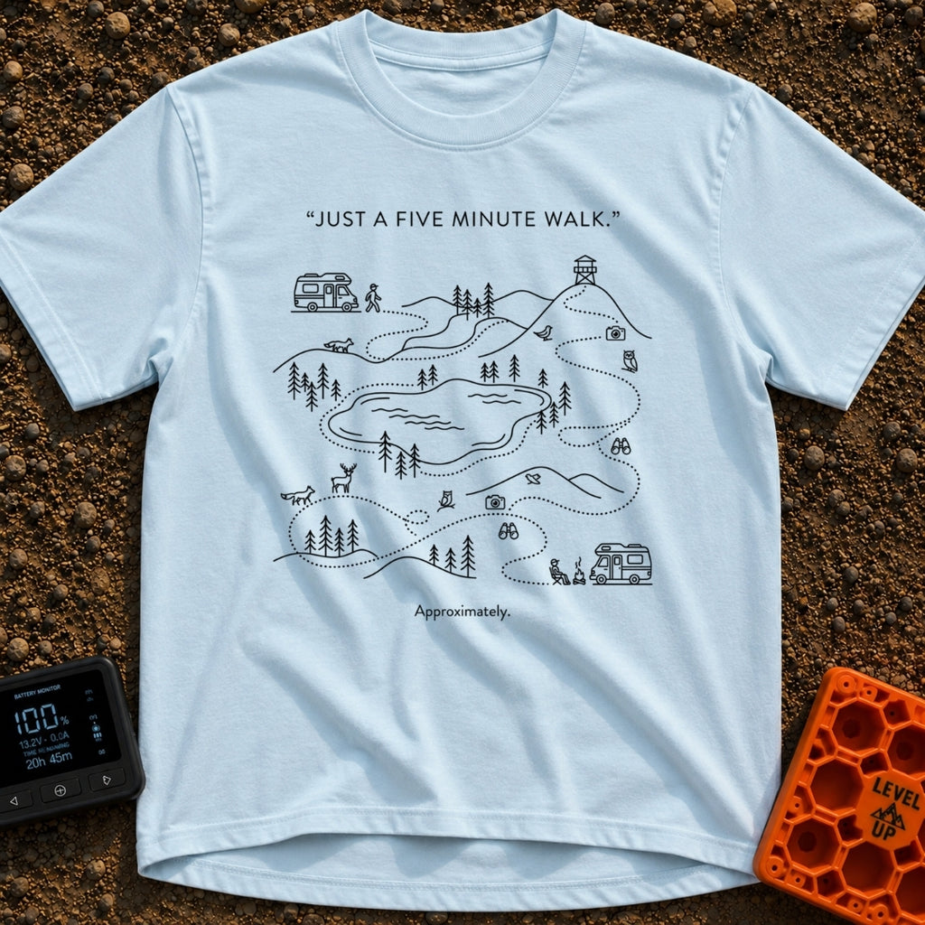 Just Five More Minutes - T-Shirt in Chambray - A black-and-white line drawing of a meandering dotted trail map starting...