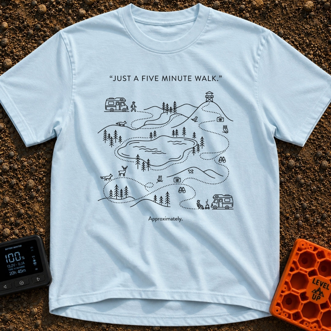Just Five More Minutes - T-Shirt in Chambray - A black-and-white line drawing of a meandering dotted trail map starting...