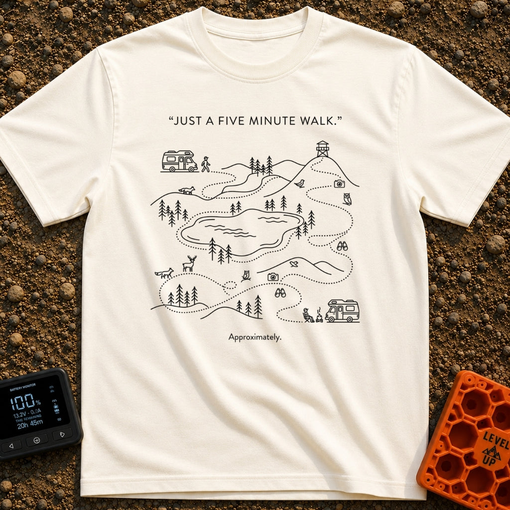 Just Five More Minutes - T-Shirt in Ivory - A black-and-white line drawing of a meandering dotted trail map starting from...
