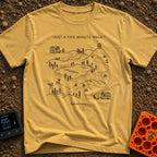 Just Five More Minutes - T-Shirt in Mustard - A black-and-white line drawing of a meandering dotted trail map starting...