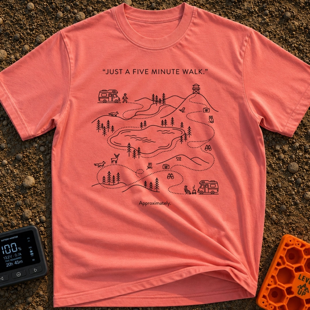 Just Five More Minutes - T-Shirt in Watermelon - A black-and-white line drawing of a meandering dotted trail map starting...