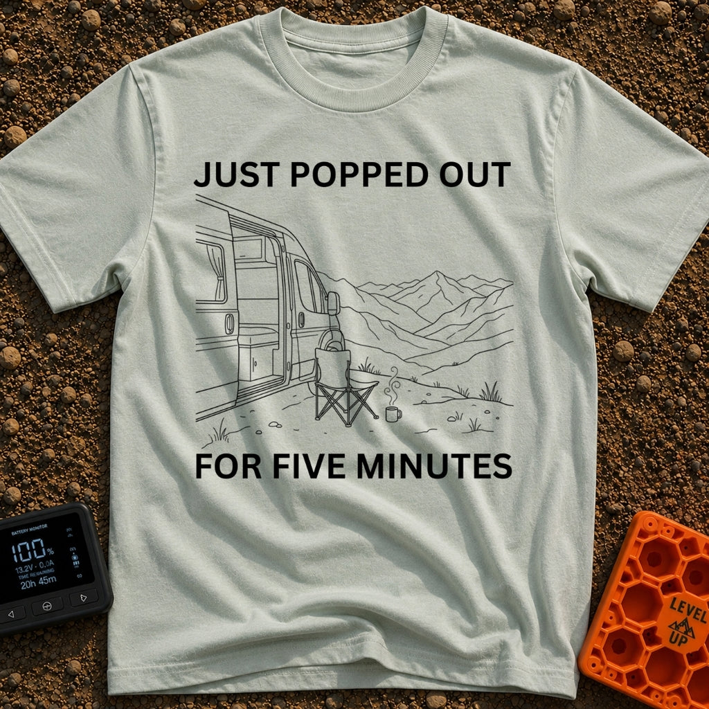 Out For Five Minutes - T-Shirt in Bay - A black and white line drawing of a camper van with its side door open, parked...