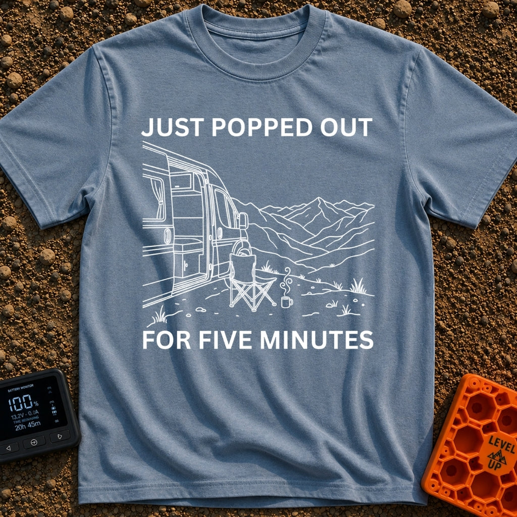 Out For Five Minutes - T-Shirt in Blue Jean - A black and white line drawing of a camper van with its side door open,...
