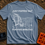 Out For Five Minutes - T-Shirt in Blue Jean - A black and white line drawing of a camper van with its side door open,...