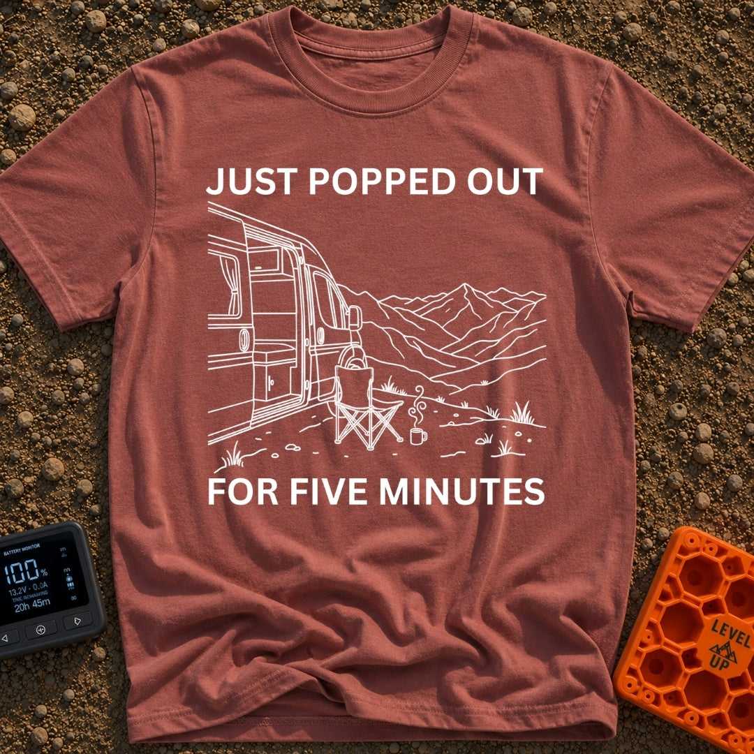 Out For Five Minutes - T-Shirt in Brick - A black and white line drawing of a camper van with its side door open, parked...