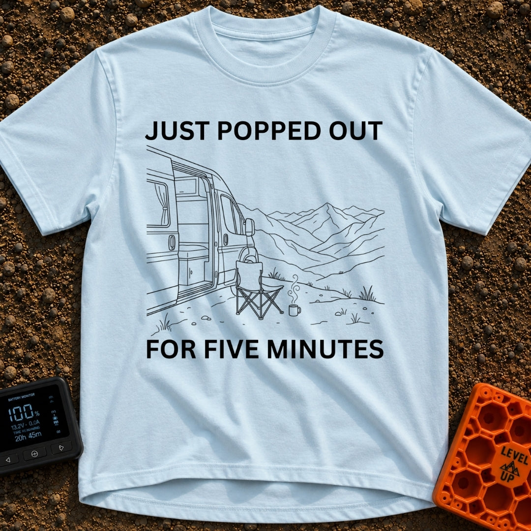 Out For Five Minutes - T-Shirt in Chambray - A black and white line drawing of a camper van with its side door open,...