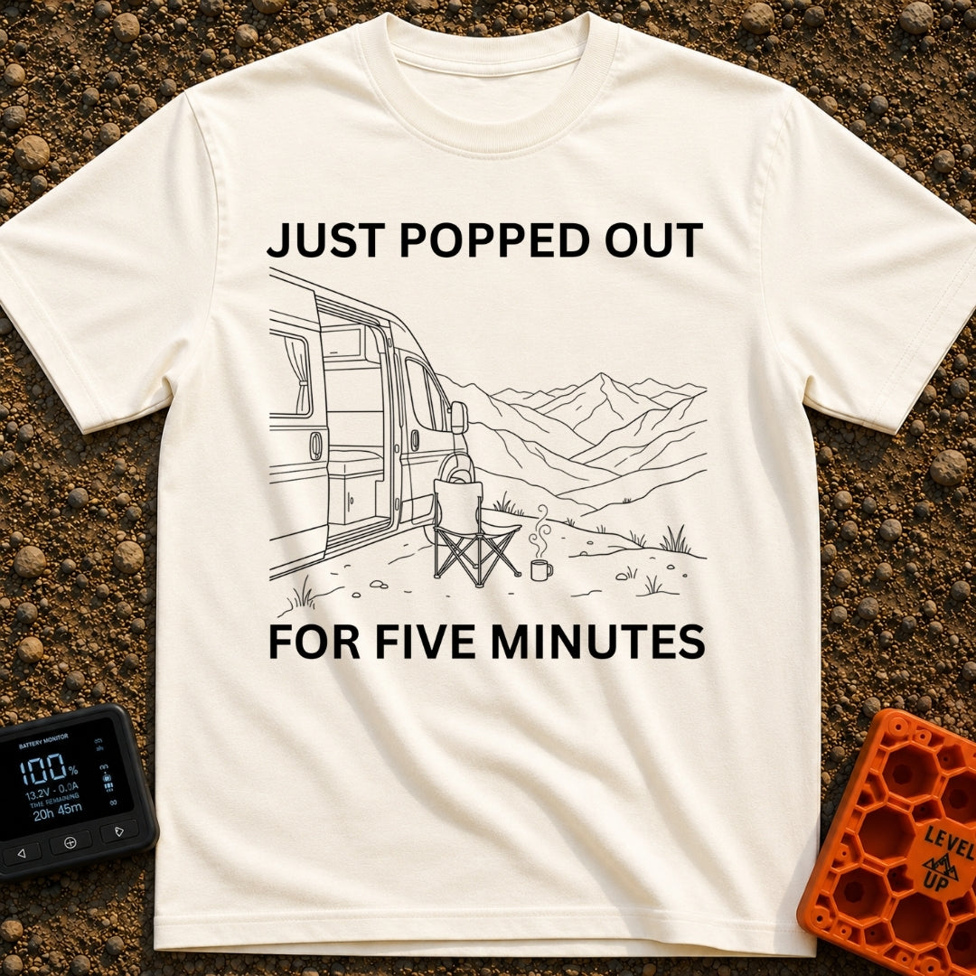 Out For Five Minutes - T-Shirt in Ivory - A black and white line drawing of a camper van with its side door open, parked...