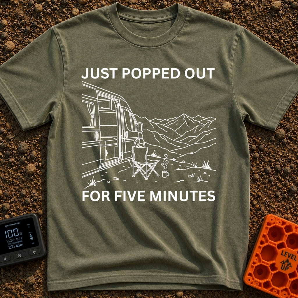 Out For Five Minutes - T-Shirt in Moss - A black and white line drawing of a camper van with its side door open, parked...