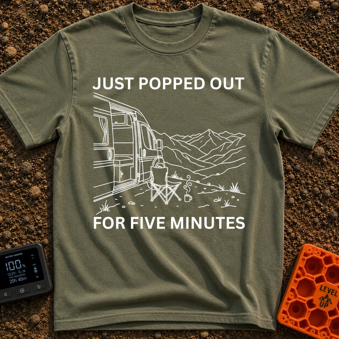 Out For Five Minutes - T-Shirt in Moss - A black and white line drawing of a camper van with its side door open, parked...