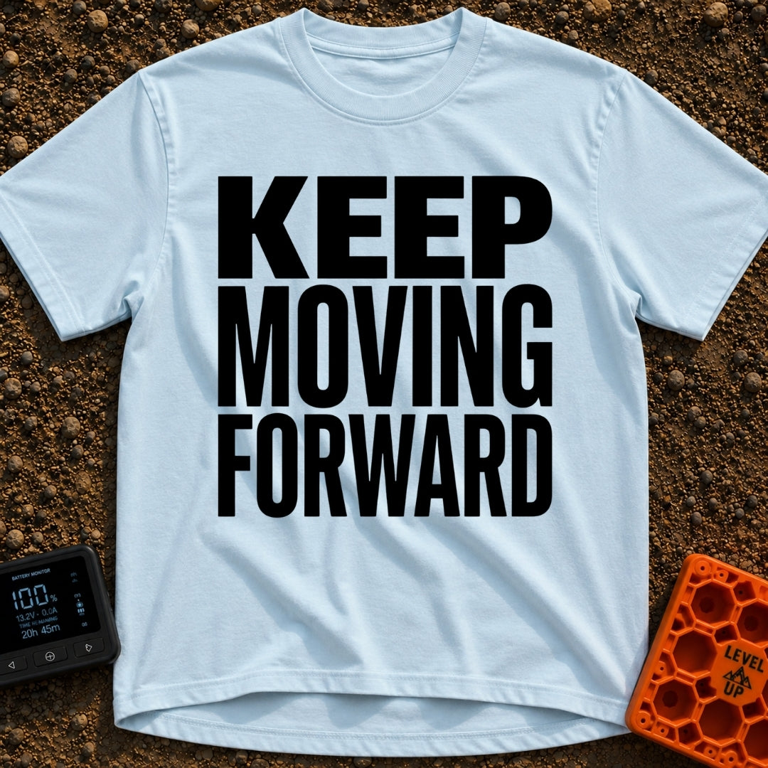 Put It In Drive - T-Shirt in Chambray - Large, bold black text stacked in three lines reading "KEEP MOVING FORWARD" with...