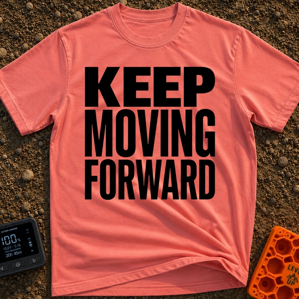 Put It In Drive - T-Shirt in Watermelon - Large, bold black text stacked in three lines reading "KEEP MOVING FORWARD"...