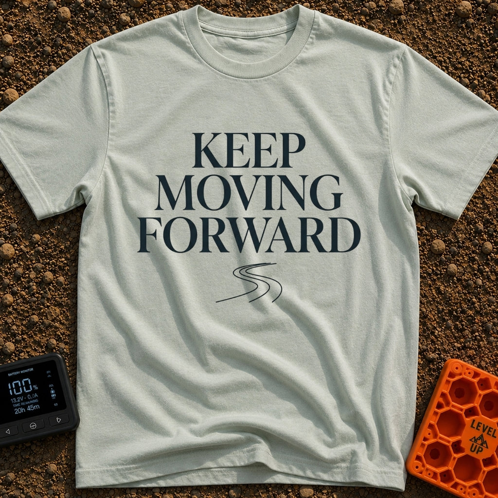 Keep Moving Forward - T-Shirt in Bay - The design features the phrase "KEEP MOVING FORWARD" in a large, stacked serif...