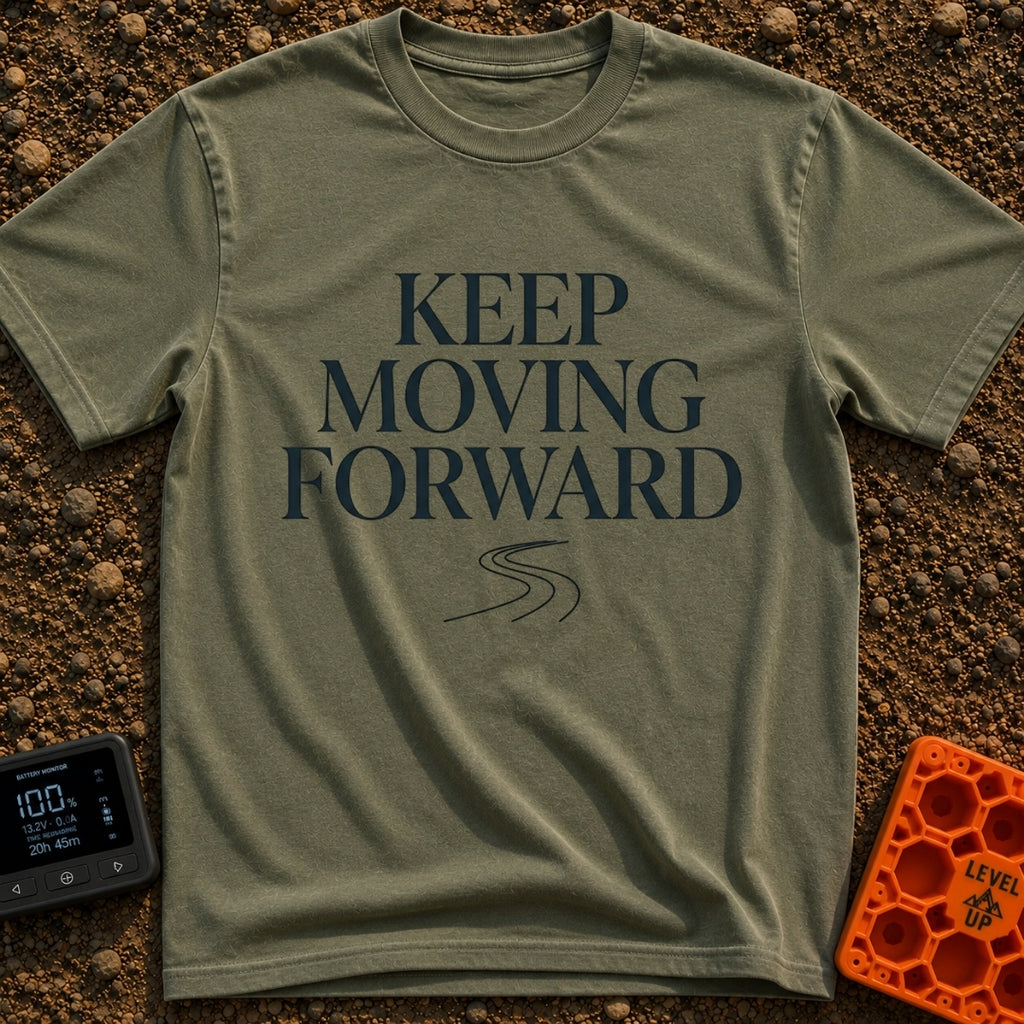 Keep Moving Forward - T-Shirt in Moss - The design features the phrase "KEEP MOVING FORWARD" in a large, stacked serif...
