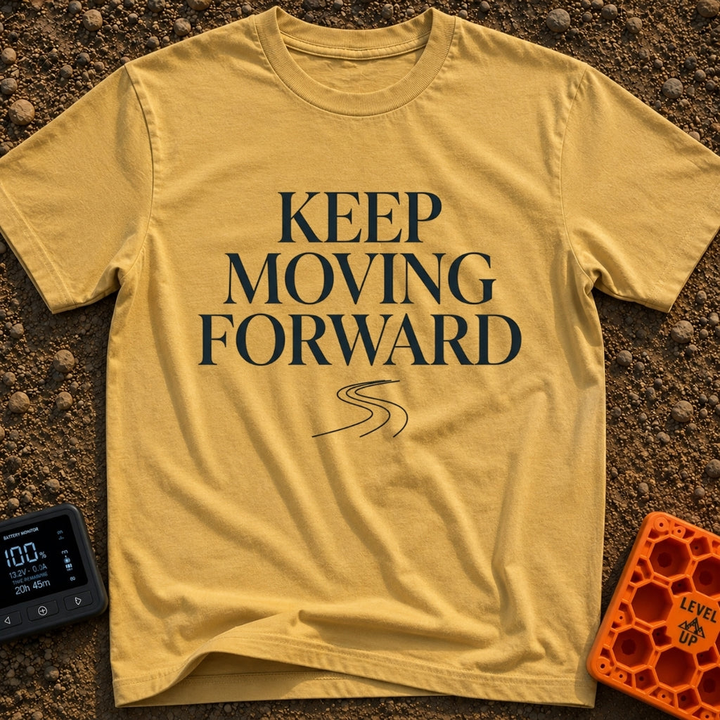 Keep Moving Forward - T-Shirt in Mustard - The design features the phrase "KEEP MOVING FORWARD" in a large, stacked serif...