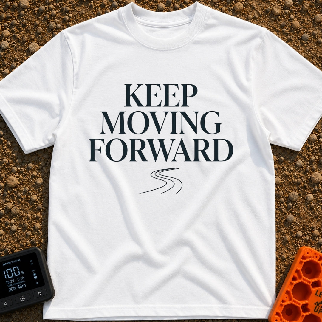 Keep Moving Forward - T-Shirt in White - The design features the phrase "KEEP MOVING FORWARD" in a large, stacked serif...