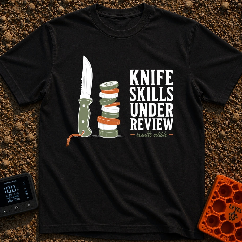 Chop Till You Drop - T-Shirt in Black - An illustration of a green-handled outdoor knife with an orange lanyard standing...