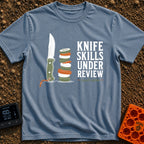 Chop Till You Drop - T-Shirt in Blue Jean - An illustration of a green-handled outdoor knife with an orange lanyard...