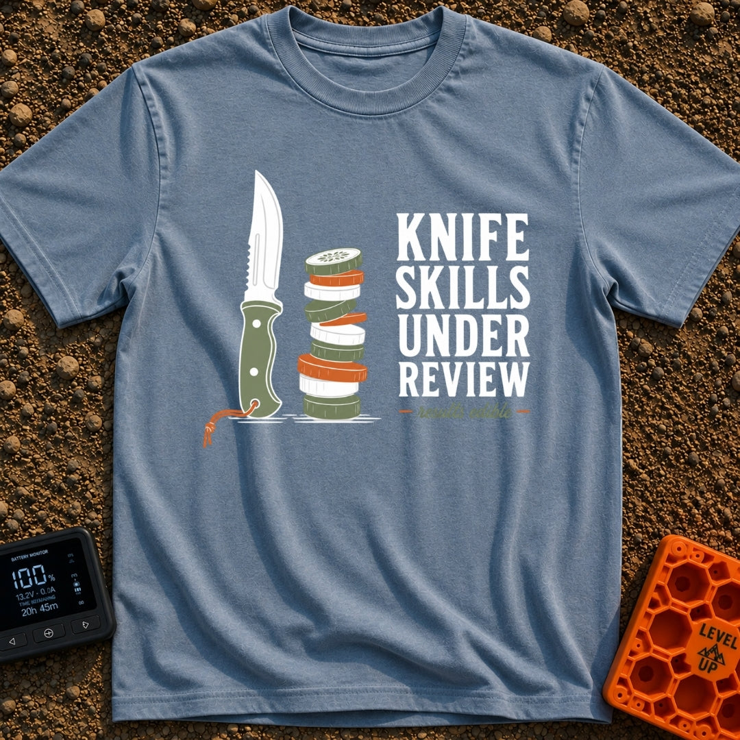 Chop Till You Drop - T-Shirt in Blue Jean - An illustration of a green-handled outdoor knife with an orange lanyard...