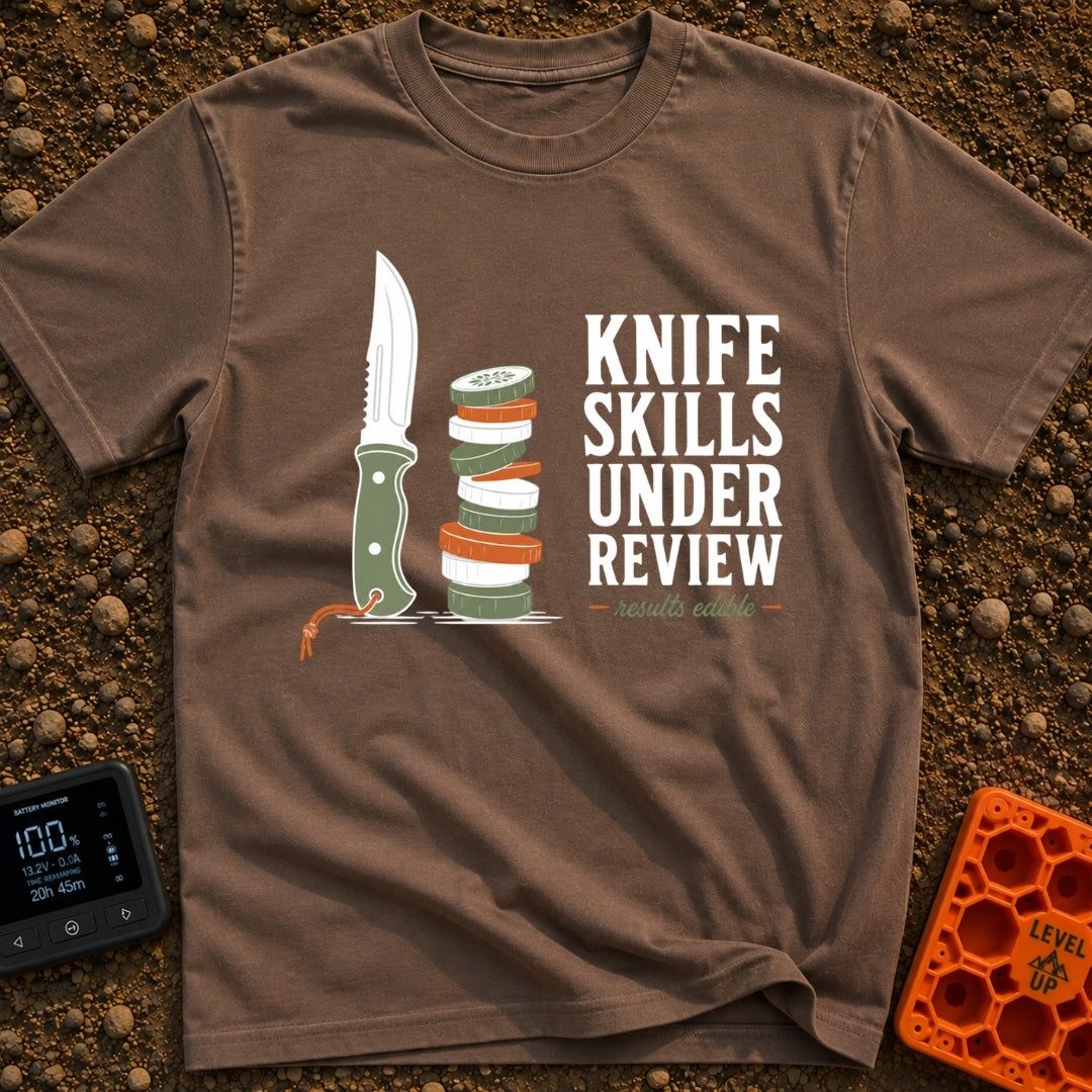 Chop Till You Drop - T-Shirt in Espresso - An illustration of a green-handled outdoor knife with an orange lanyard...