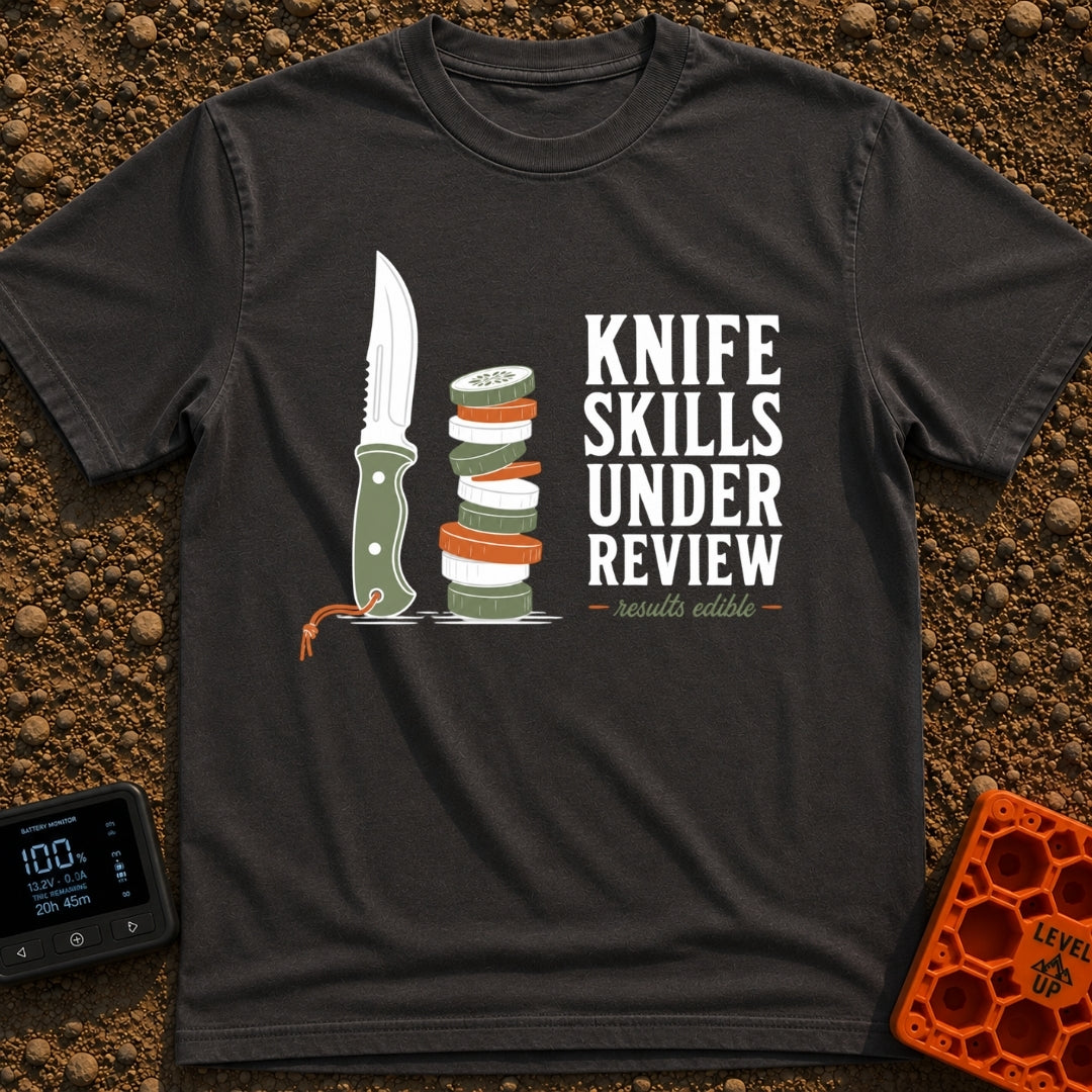 Chop Till You Drop - T-Shirt in Graphite - An illustration of a green-handled outdoor knife with an orange lanyard...