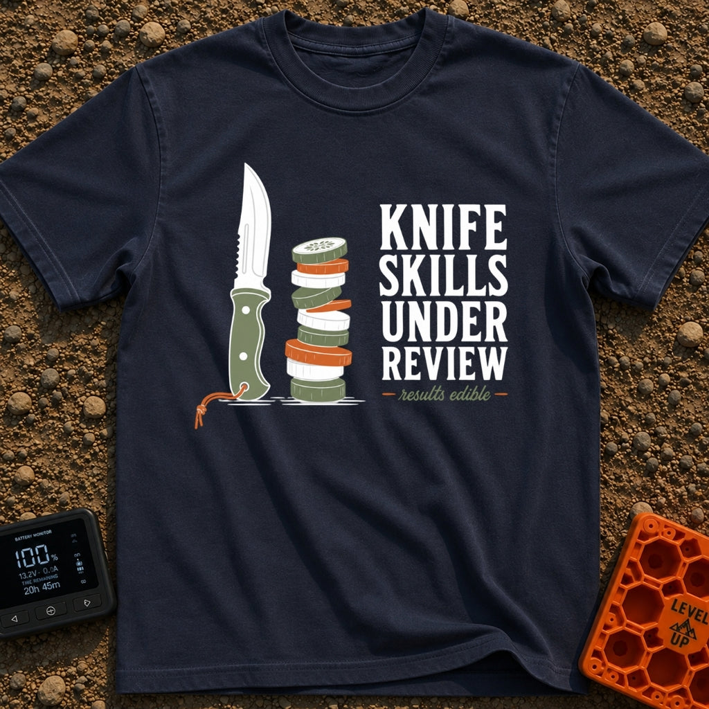 Chop Till You Drop - T-Shirt in Navy - An illustration of a green-handled outdoor knife with an orange lanyard standing...