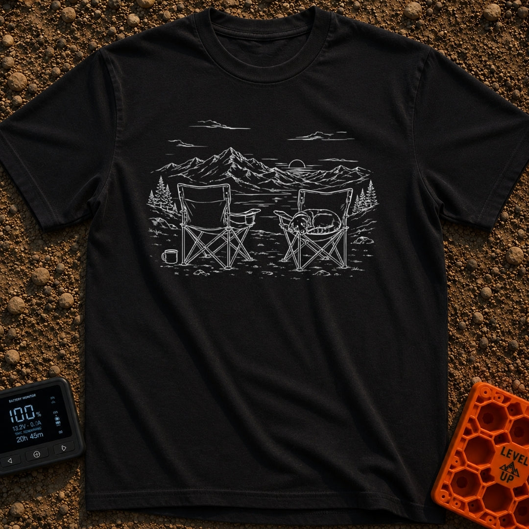 Dog Priority Seating - T-Shirt in Black - A line art illustration of two camp chairs set up facing a lake and mountain...