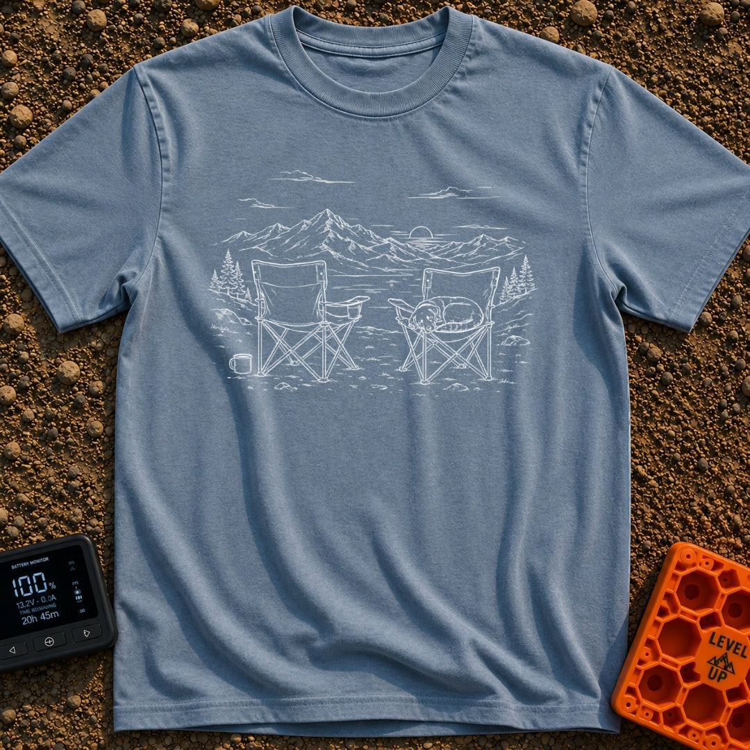 Dog Priority Seating - T-Shirt in Blue Jean - A line art illustration of two camp chairs set up facing a lake and...