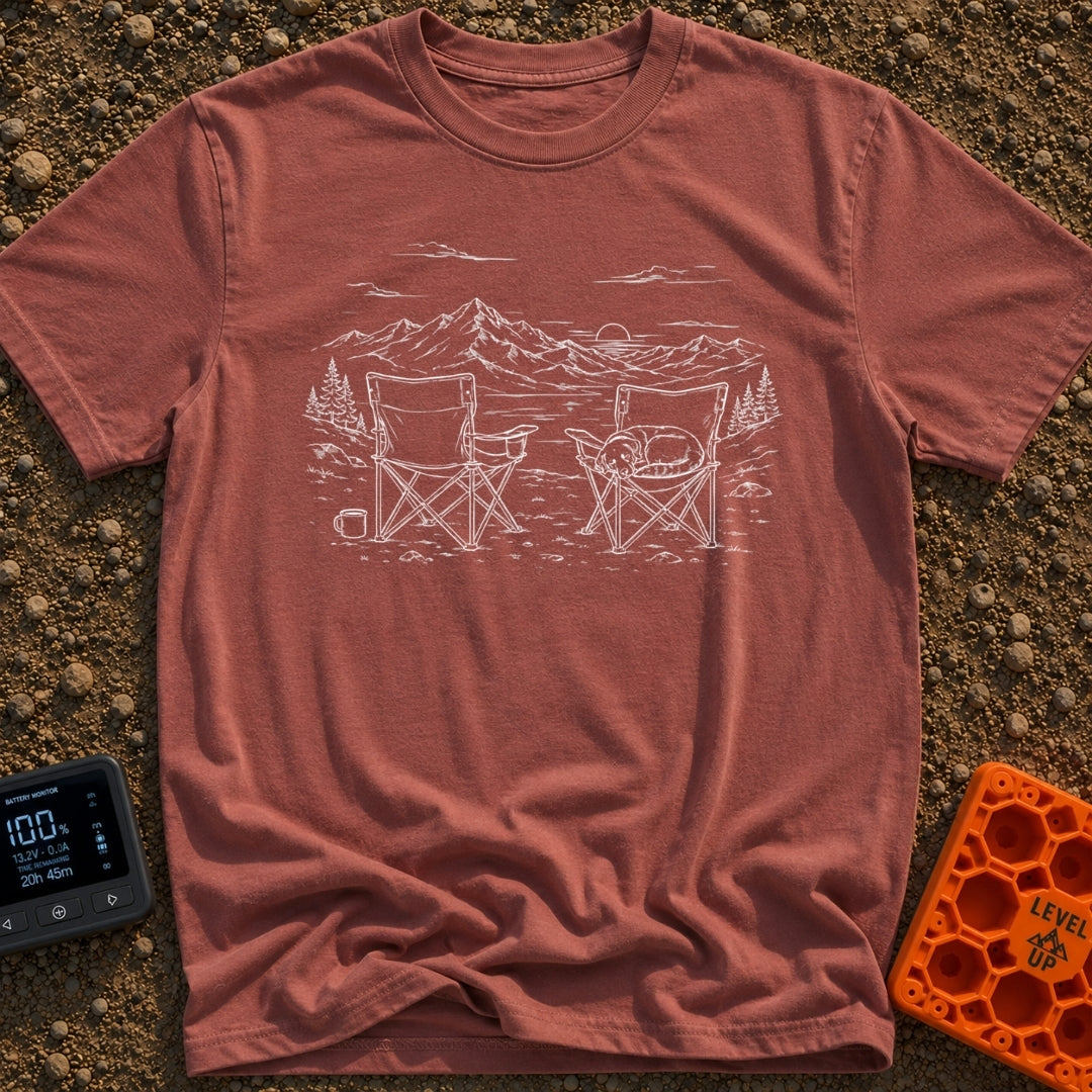 Dog Priority Seating - T-Shirt in Brick - A line art illustration of two camp chairs set up facing a lake and mountain...