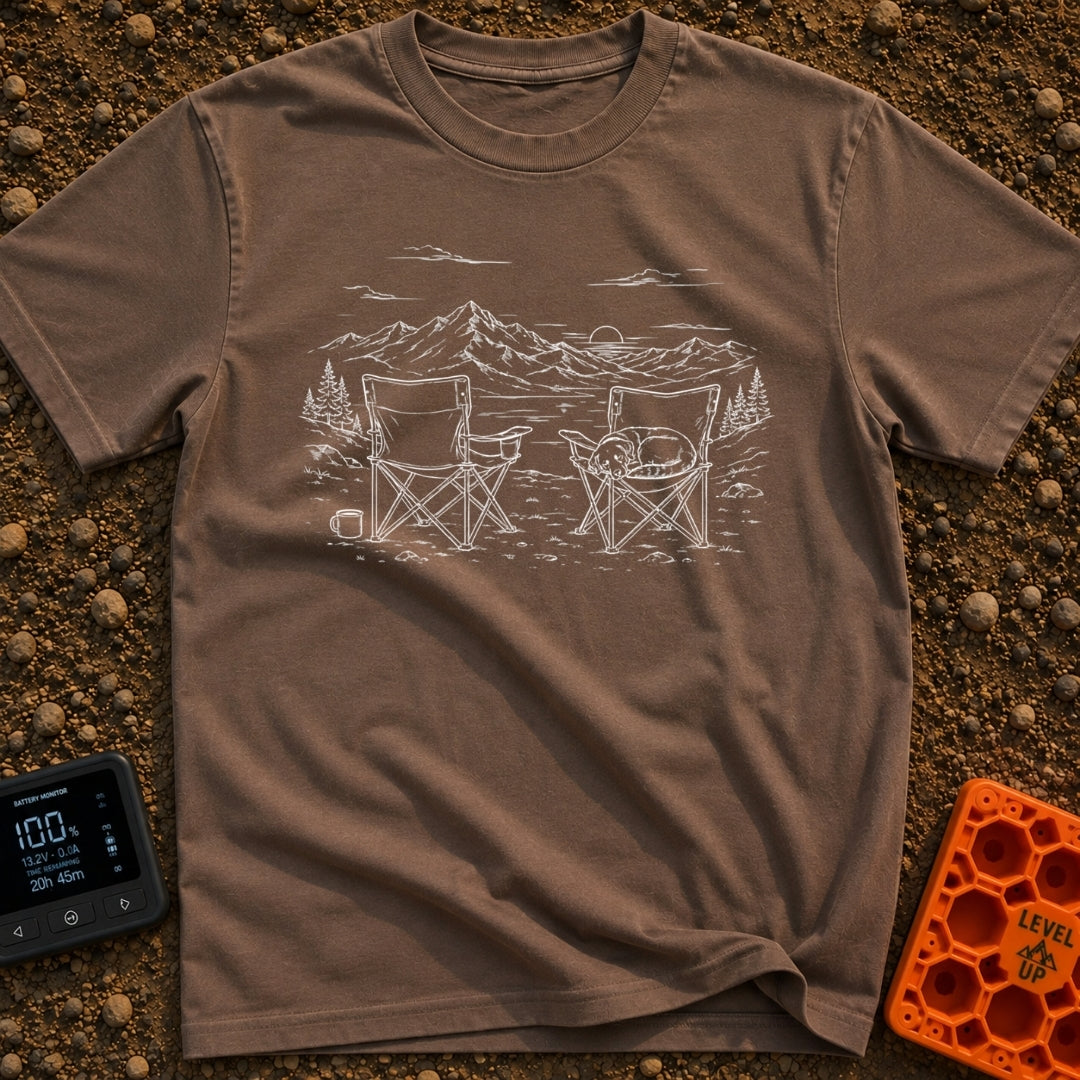 Dog Priority Seating - T-Shirt in Espresso - A line art illustration of two camp chairs set up facing a lake and mountain...