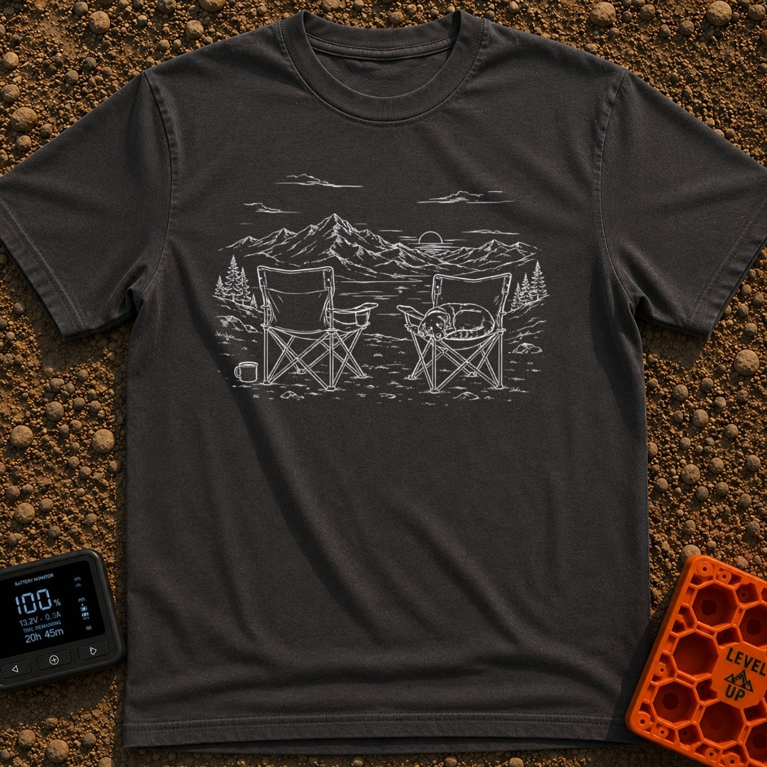 Dog Priority Seating - T-Shirt in Graphite - A line art illustration of two camp chairs set up facing a lake and mountain...
