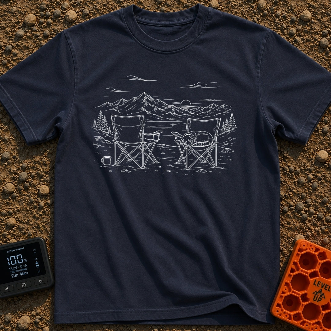 Dog Priority Seating - T-Shirt in Navy - A line art illustration of two camp chairs set up facing a lake and mountain...