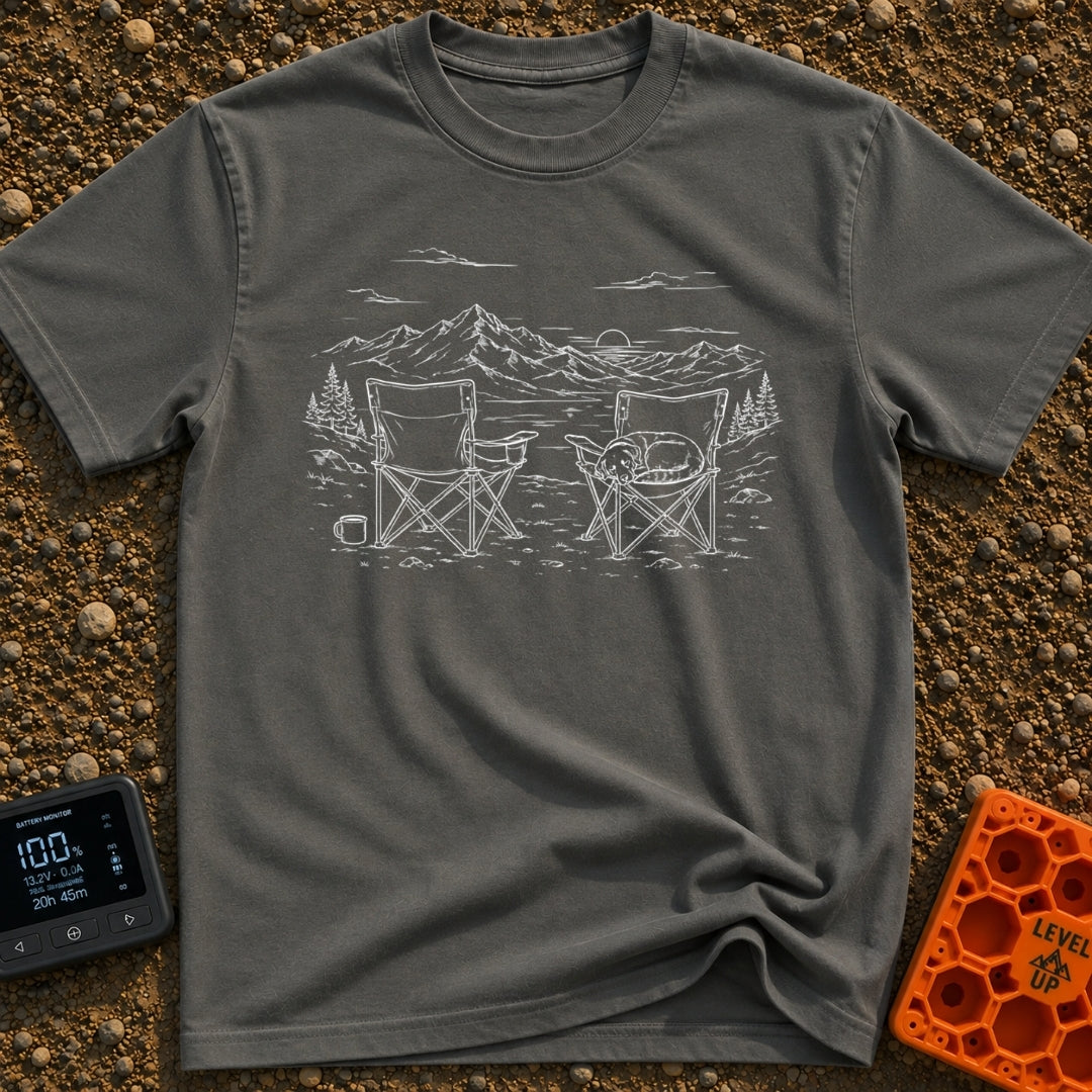 Dog Priority Seating - T-Shirt in Pepper - A line art illustration of two camp chairs set up facing a lake and mountain...