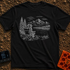 Coffee Outranks The Itinerary - T-Shirt in Black - A faint sketch of a fluffy dog sitting upright in a folding camp chair...