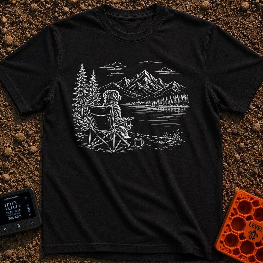 Coffee Outranks The Itinerary - T-Shirt in Black - A faint sketch of a fluffy dog sitting upright in a folding camp chair...