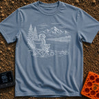 Coffee Outranks The Itinerary - T-Shirt in Blue Jean - A faint sketch of a fluffy dog sitting upright in a folding camp...