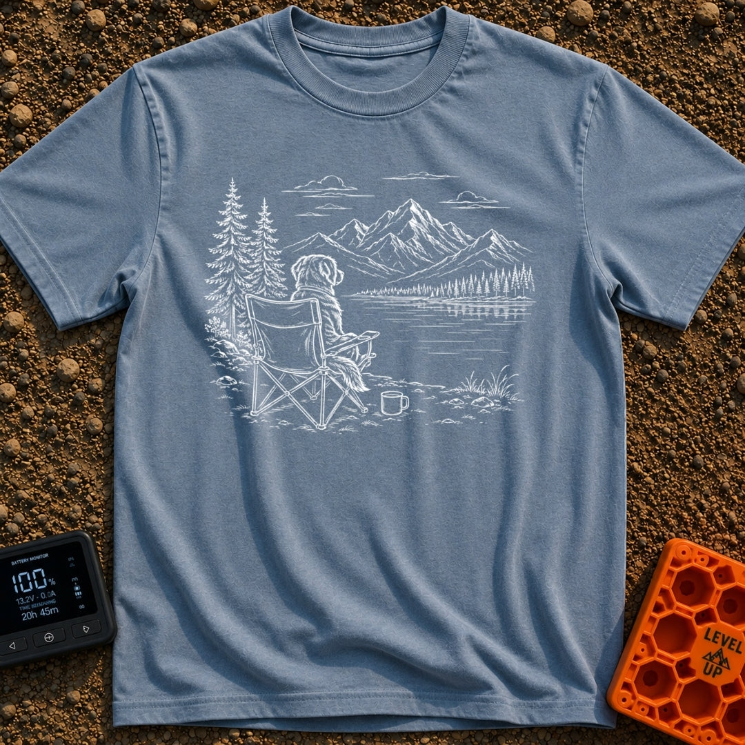 Coffee Outranks The Itinerary - T-Shirt in Blue Jean - A faint sketch of a fluffy dog sitting upright in a folding camp...