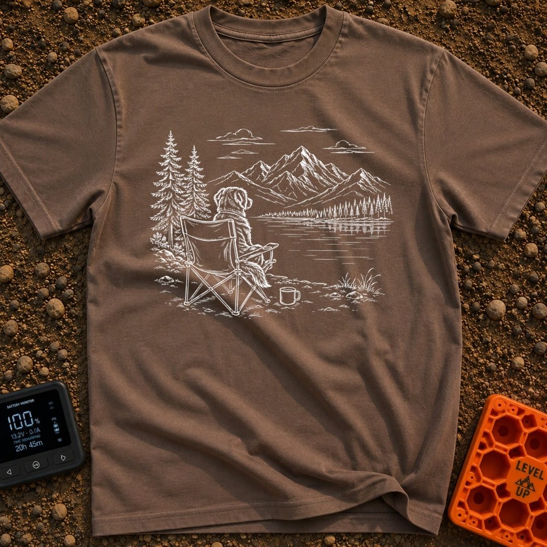 Coffee Outranks The Itinerary - T-Shirt in Espresso - A faint sketch of a fluffy dog sitting upright in a folding camp...