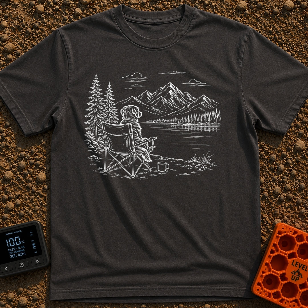 Coffee Outranks The Itinerary - T-Shirt in Graphite - A faint sketch of a fluffy dog sitting upright in a folding camp...