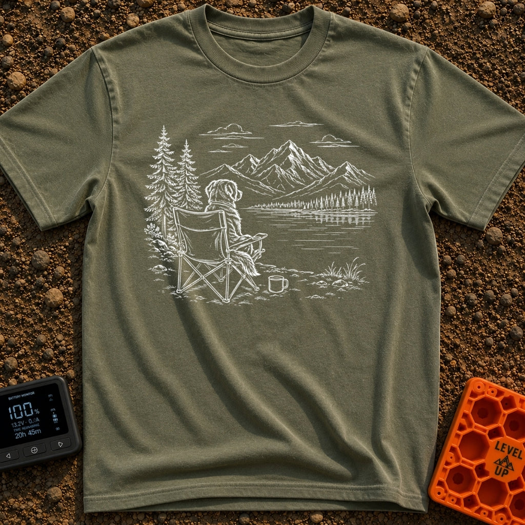 Coffee Outranks The Itinerary - T-Shirt in Moss - A faint sketch of a fluffy dog sitting upright in a folding camp chair...