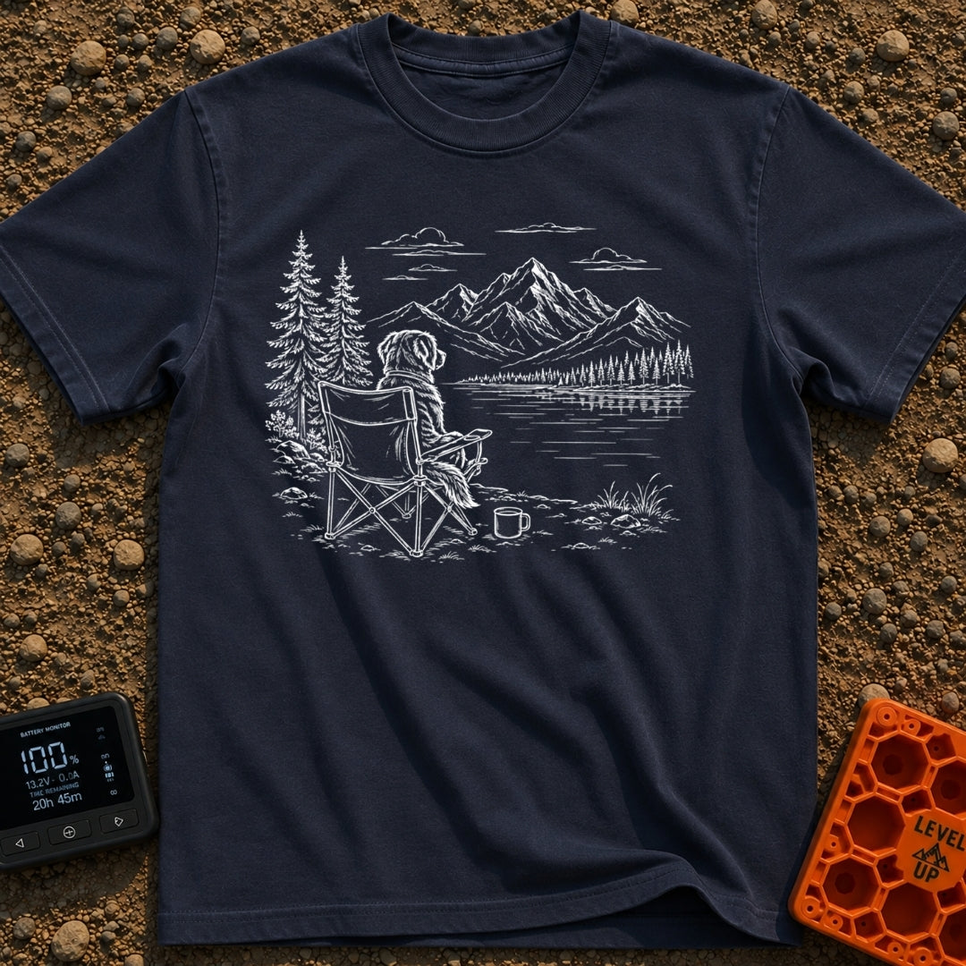 Coffee Outranks The Itinerary - T-Shirt in Navy - A faint sketch of a fluffy dog sitting upright in a folding camp chair...