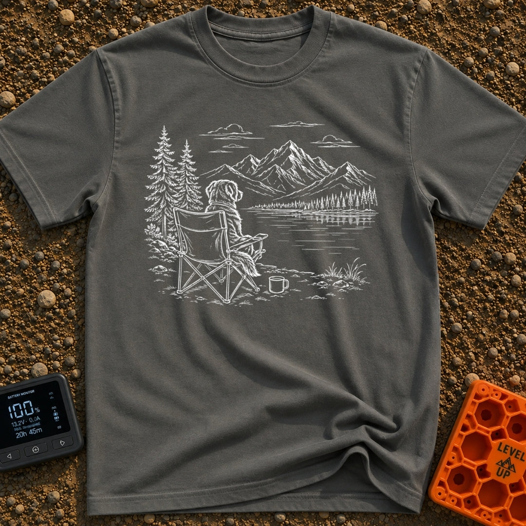 Coffee Outranks The Itinerary - T-Shirt in Pepper - A faint sketch of a fluffy dog sitting upright in a folding camp...