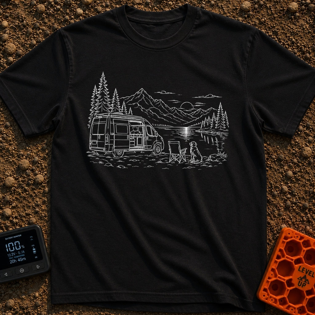 Security Runs On Treats - T-Shirt in Black - A white line drawing of a camper van with its side door open, parked beside...
