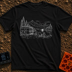 Security Runs On Treats - T-Shirt in Black - A white line drawing of a camper van with its side door open, parked beside...