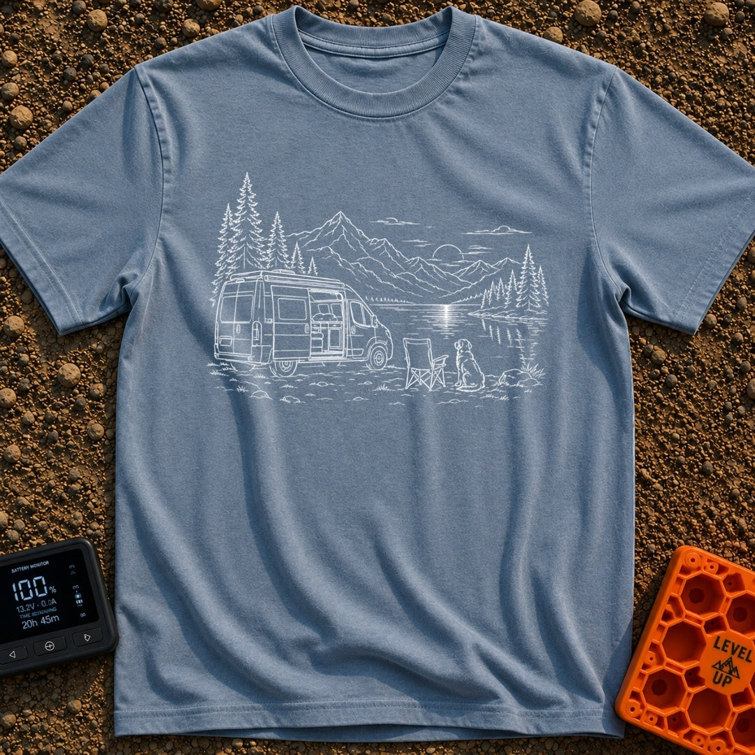 Security Runs On Treats - T-Shirt in Blue Jean - A white line drawing of a camper van with its side door open, parked...