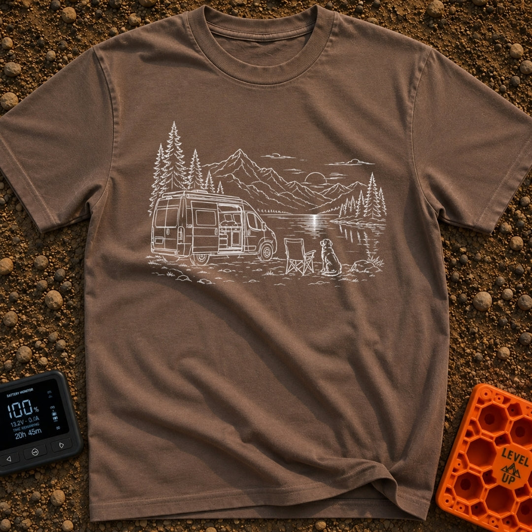 Security Runs On Treats - T-Shirt in Espresso - A white line drawing of a camper van with its side door open, parked...