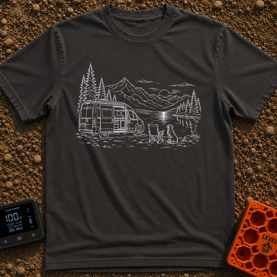 Security Runs On Treats - T-Shirt in Graphite - A white line drawing of a camper van with its side door open, parked...